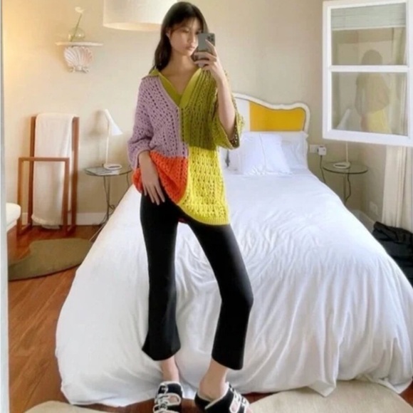 Zara Oversized Colorblock Patchwork Crochet Chunky Knit Granny Square Sweater S - Picture 3 of 15